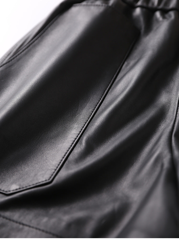 Women’s Genuine Sheepskin Leather High Waist Shorts with Pockets