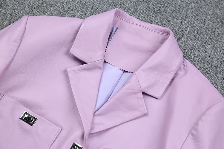 Women Cropped Pink Leather Jacket With Metal Lock