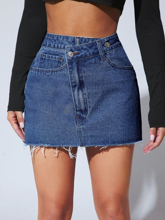 Denim Skirts Single Button Raw Hem