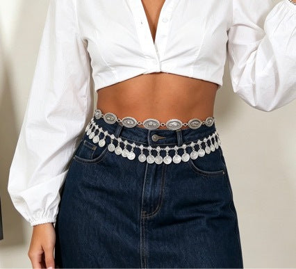 Waist Chain with Antique Silver Coin Tassels for Women