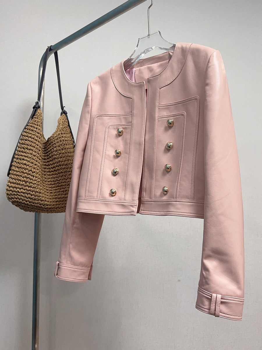 Women Cropped Leather Jacket Round Neck with Gold Buttons