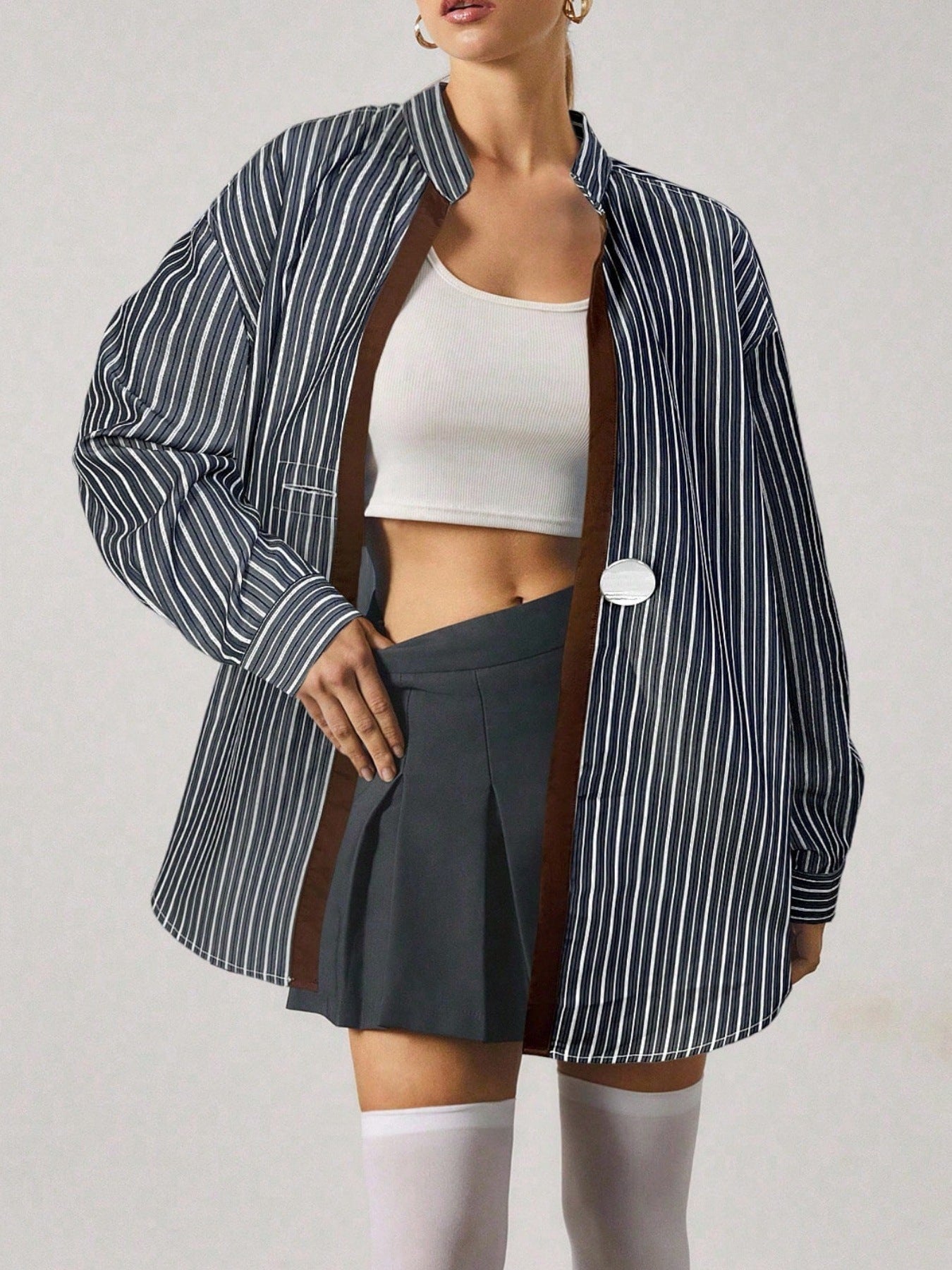 Classic Striped Drop Shoulder Shirts For Ladies