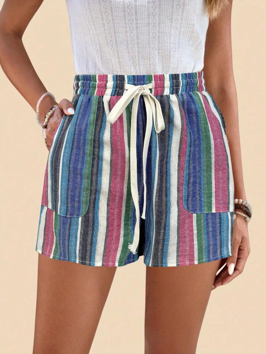 High Waisted Striped Cotton Summer Shorts with Drawstring