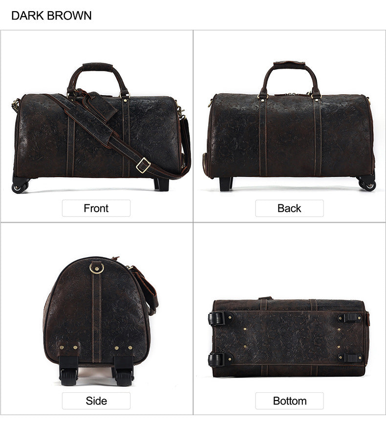 Genuine Leather Trolley Travel Bag Rolling Duffel