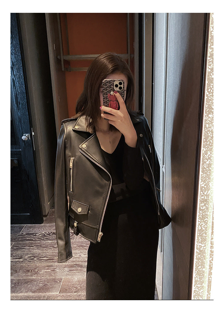 Women Leather Moto Jacket Cropped Motorcycle Jacket