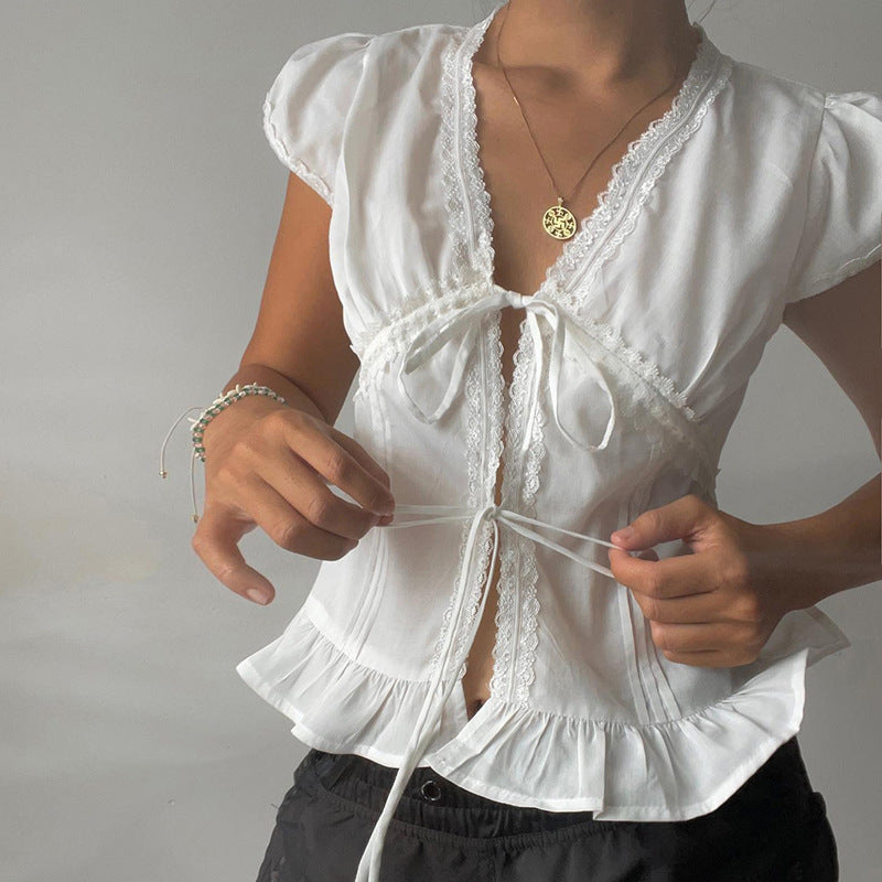 bow tie puff sleeve shirts for women