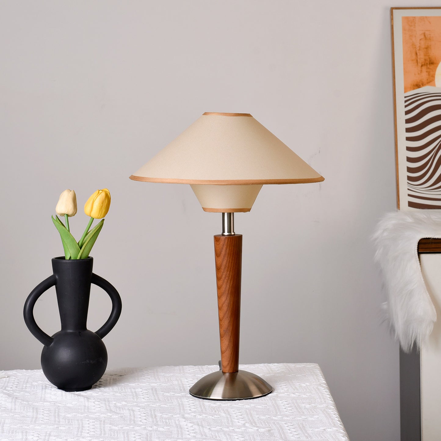 Mid Century Modern Wooden Table Lamp Fabric Shade