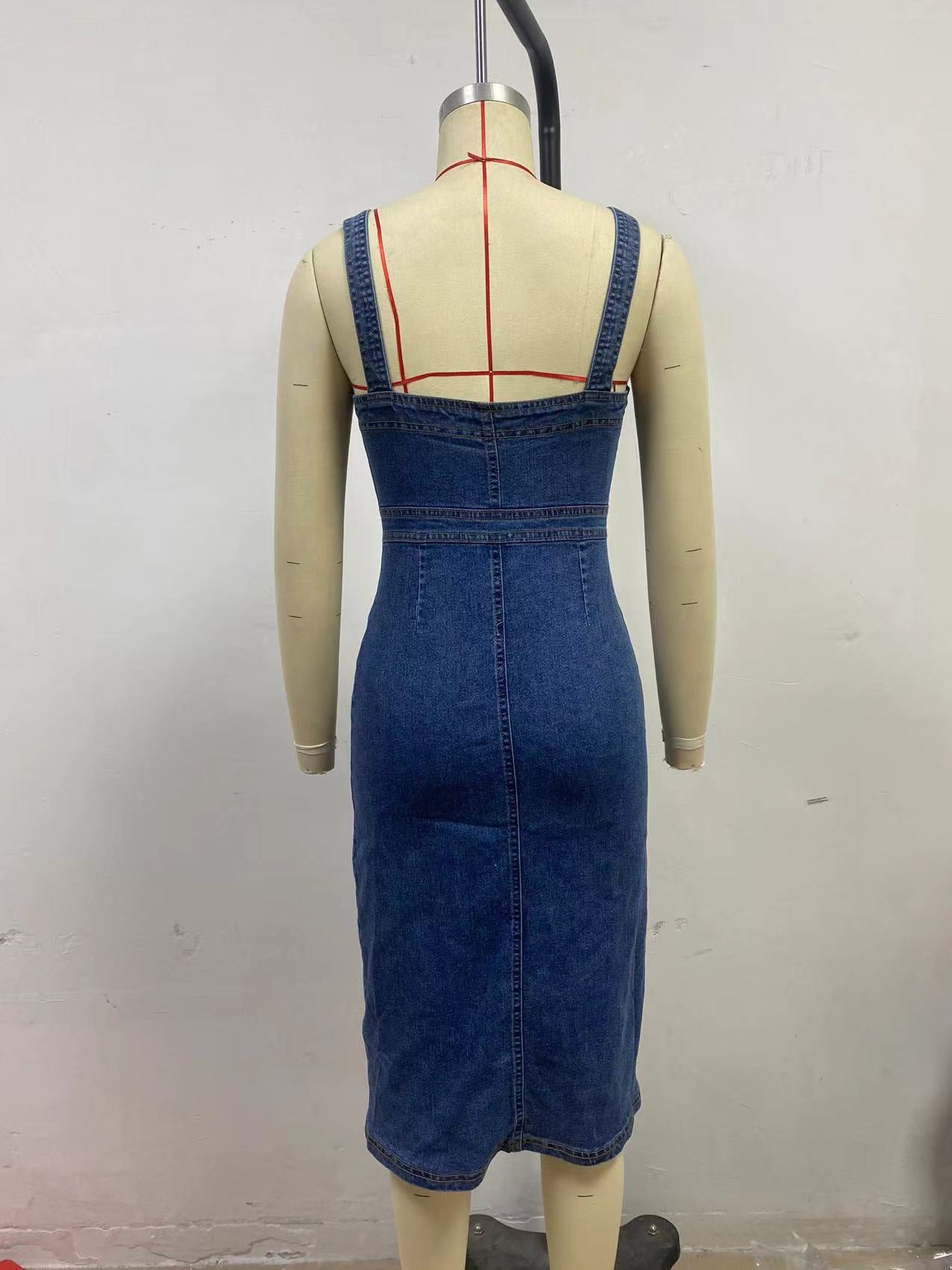 Sleeveless Button Front Denim Midi Dress