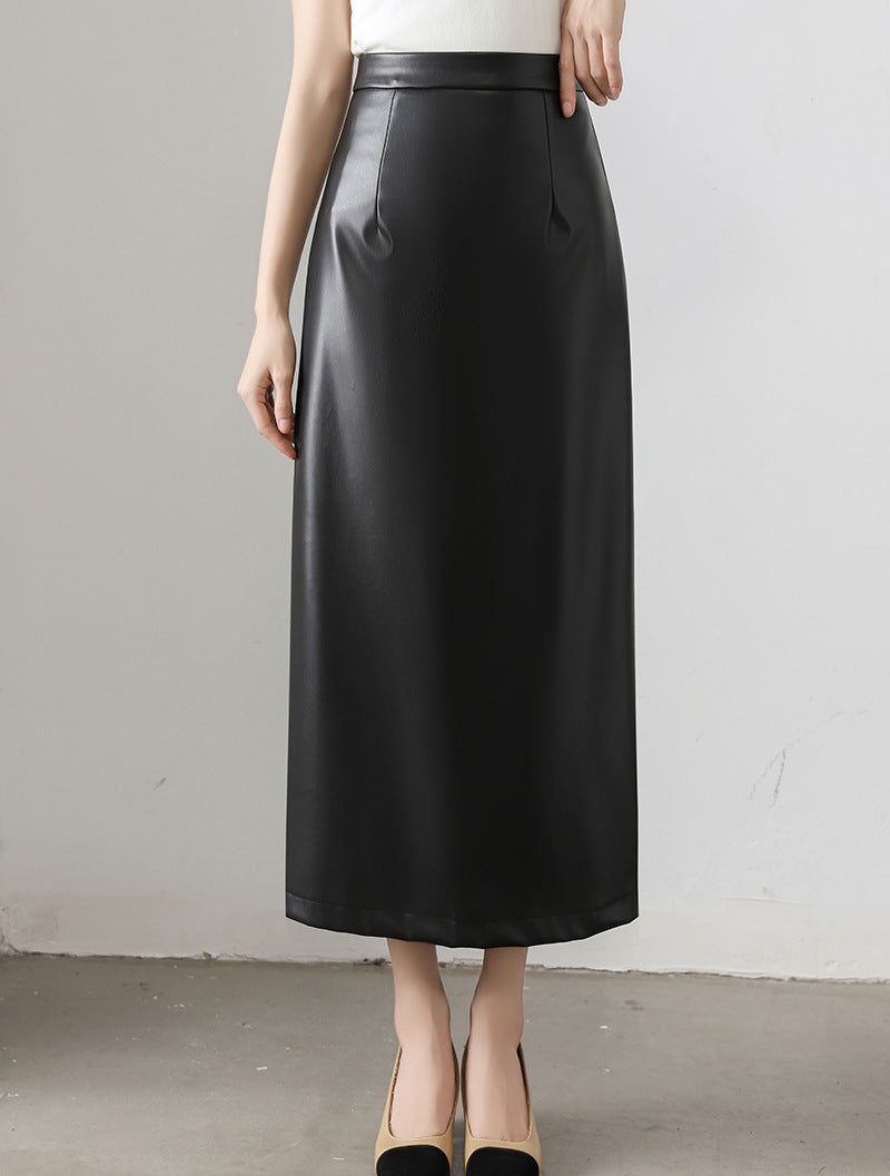 Brown PU Leather High Waist Midi Skirt with Back Slit
