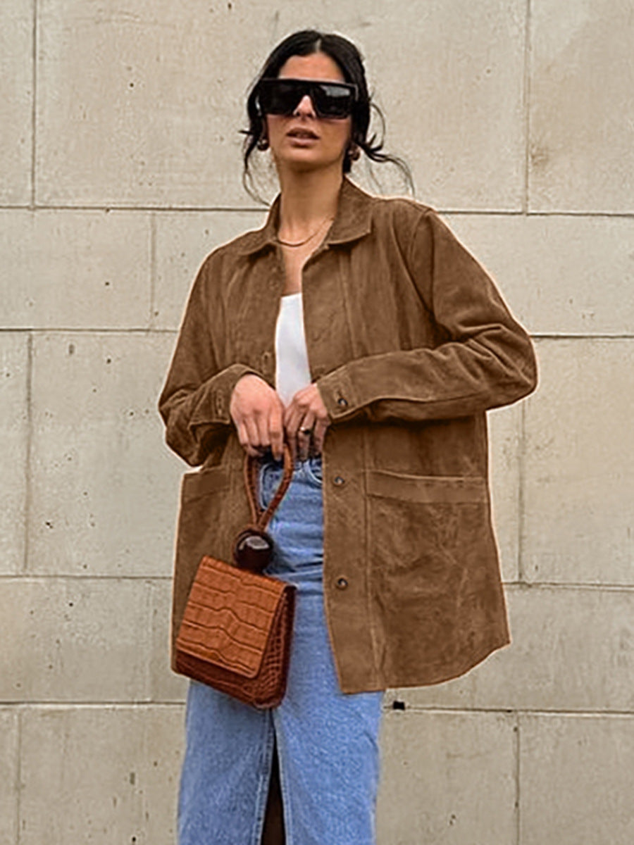 Brown Faux Suede Jacket Women’s Long Sleeve Lapel Coat with Pockets