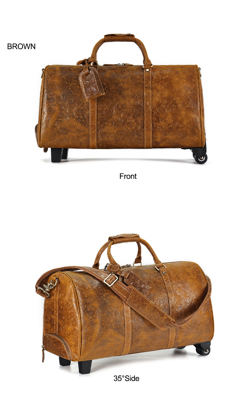 Genuine Leather Trolley Travel Bag Rolling Duffel