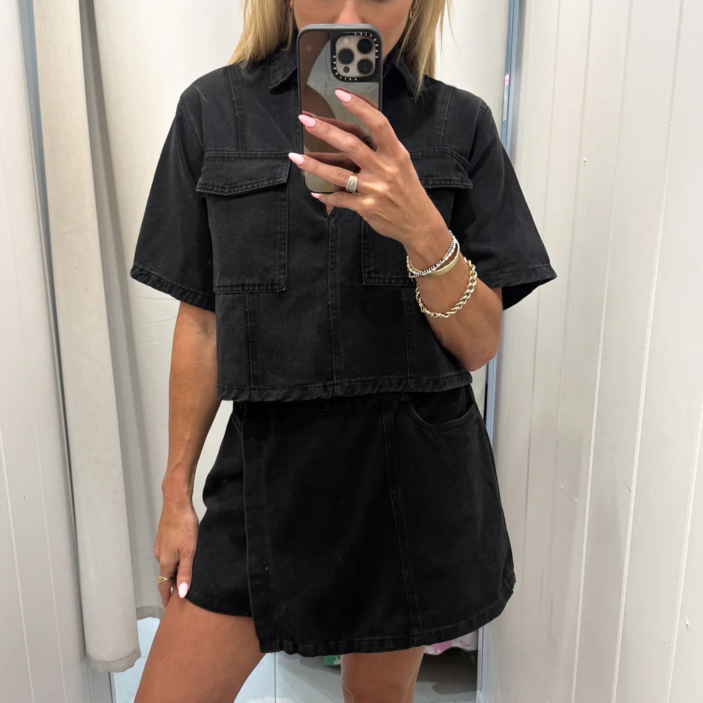 Two Piece Denim Short Set Skirt with Cropped Jean Top