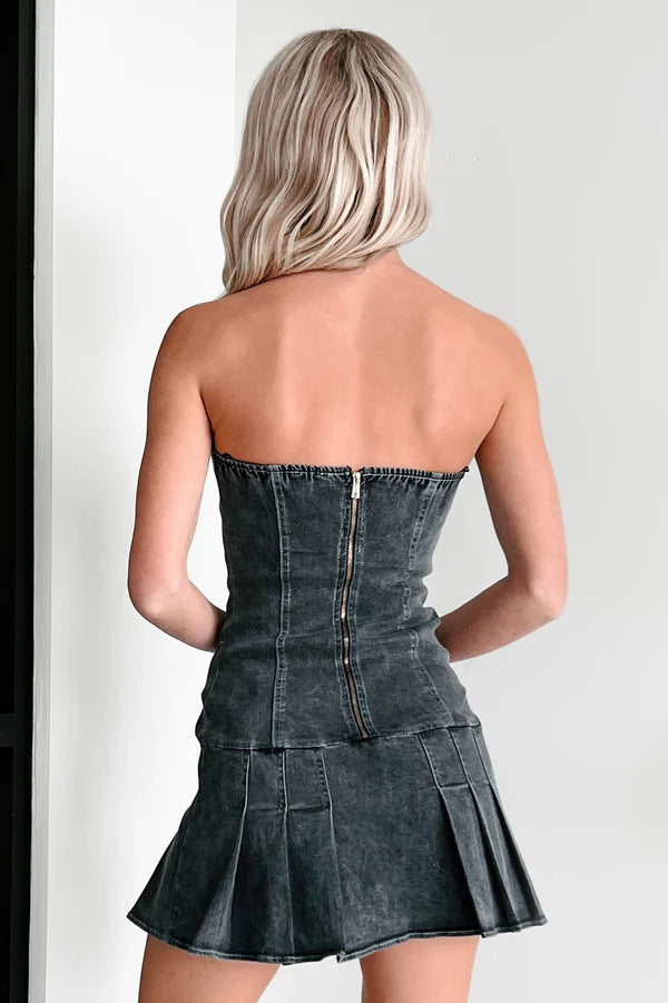 Strapless Lace Up Denim Mini Dress Corset Style