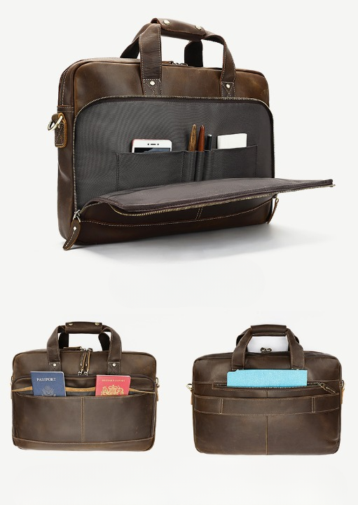 Genuine Leather Laptop Office Bag Briefcase with Trolley Sleeve