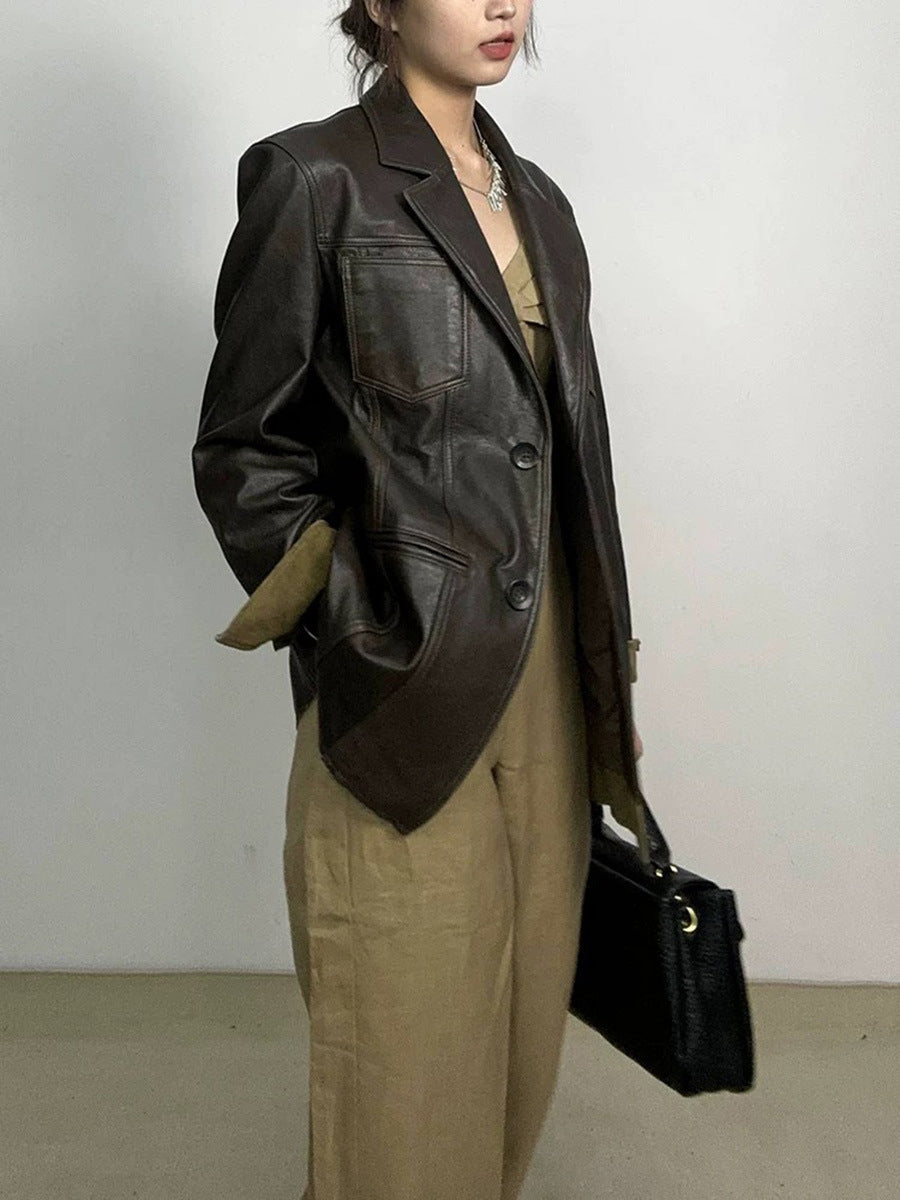 Women Leather Jacket Mid-Length Blazer with Suede Cuffs