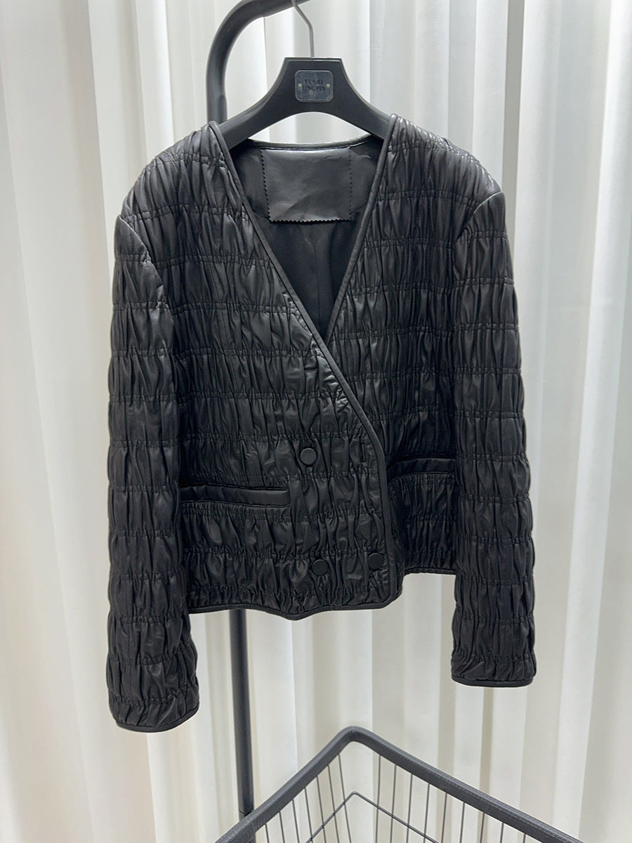 Women Leather Pleated Jacket Quilted V-Neck Short Coat