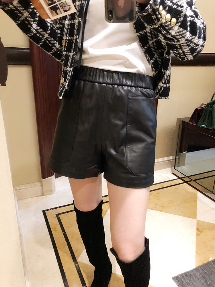 Women’s Genuine Sheepskin Leather High Waist Shorts with Pockets
