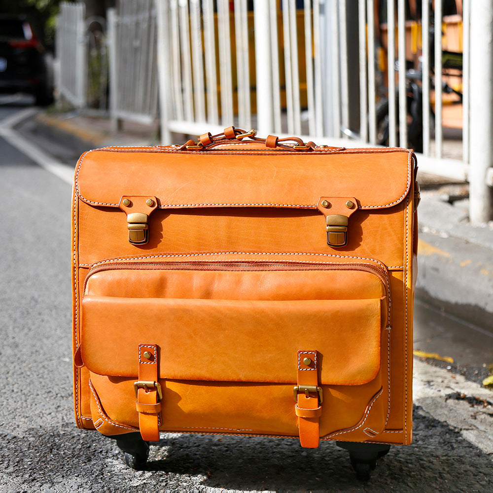 Genuine Leather Trolley Suitcase 20 Inch Cowhide Carry-On Luggage
