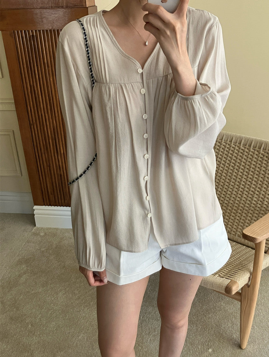 Women's Button Front Puff Sleeve Blouse