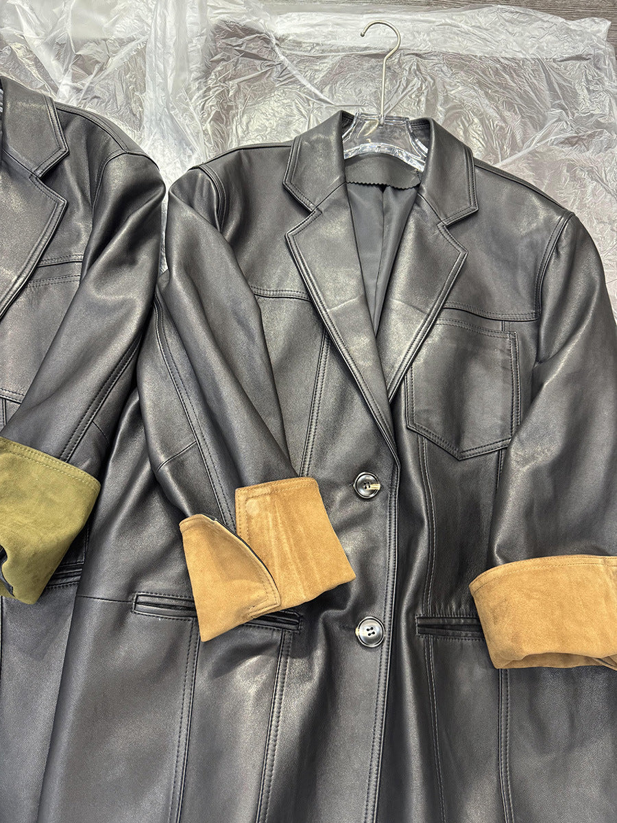 Women Leather Jacket Mid-Length Blazer with Suede Cuffs