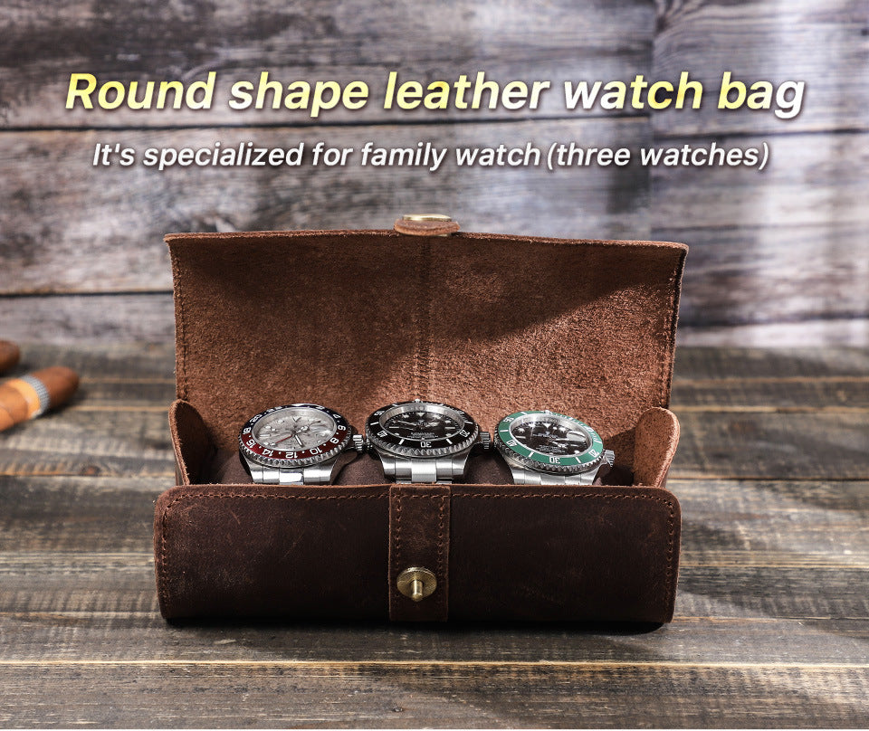 3 Slot Luxury Cylinder Leather Watch Organizer