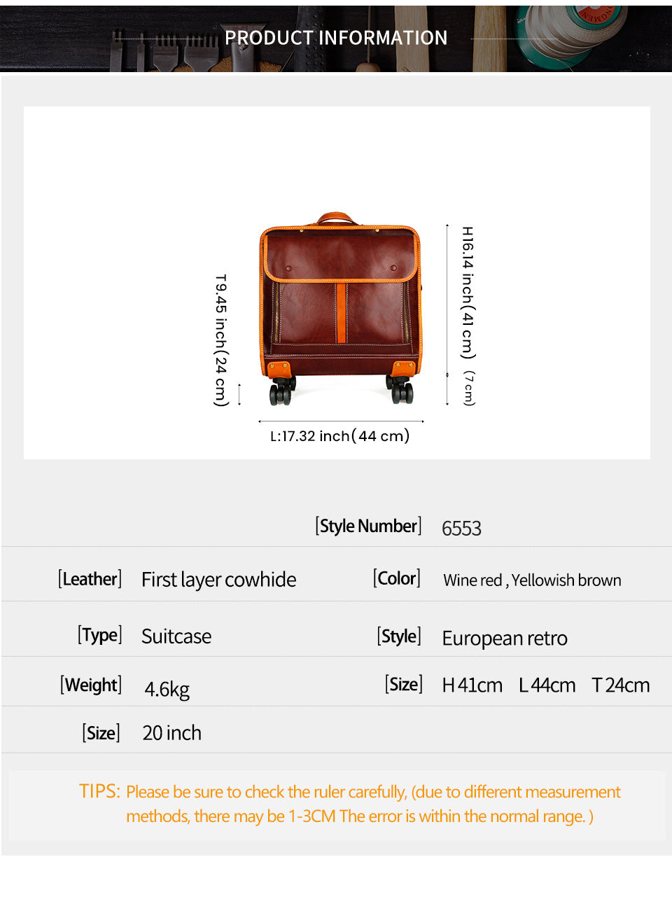 20 Inch Genuine Leather Trolley Case Cabin Luggage