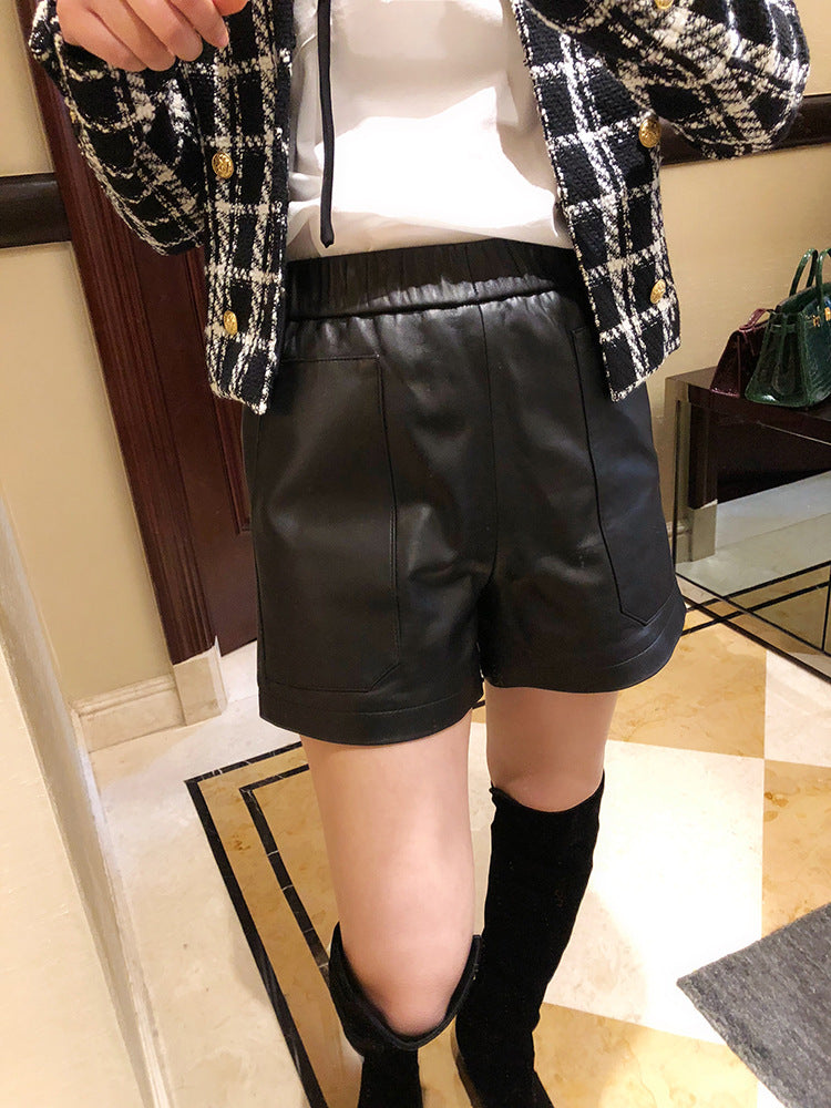 Women’s Genuine Sheepskin Leather High Waist Shorts with Pockets