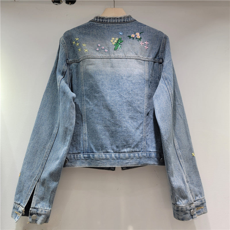 Women’s Embroidered Floral Sequin Denim Jacket Short Fit