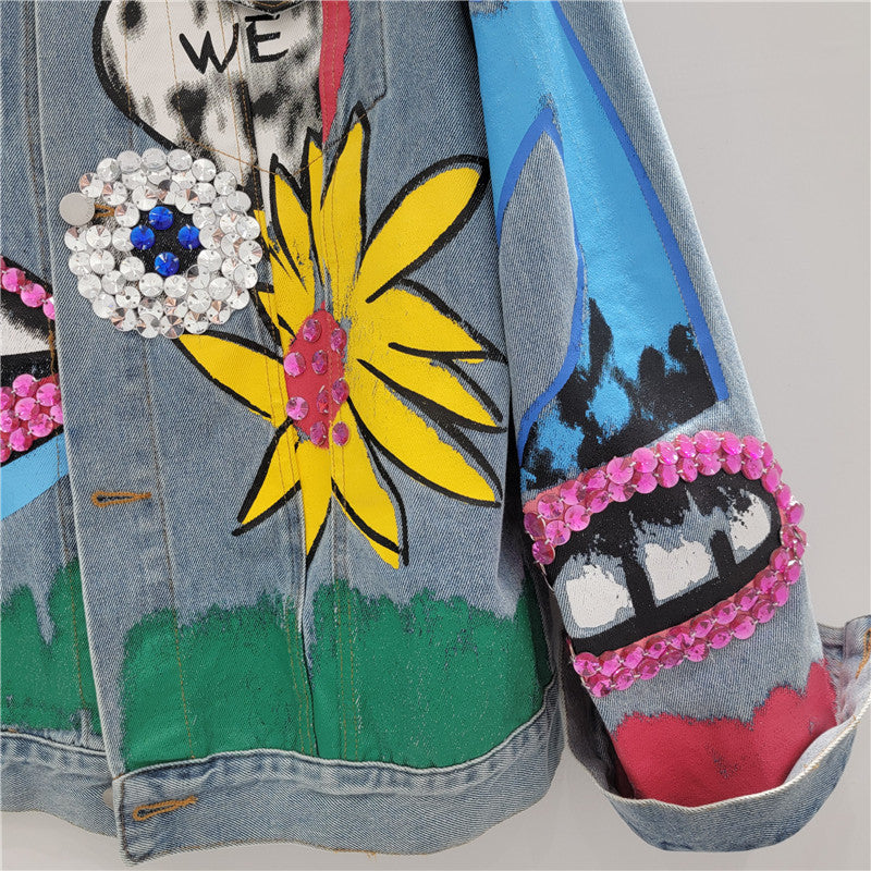 Women Hand-Painted Oversized Graffiti Beaded Denim Jacket