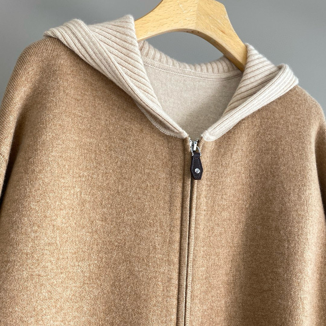 Women Cashmere Wool Hooded Sweater Zip Front Knitted Cardigan