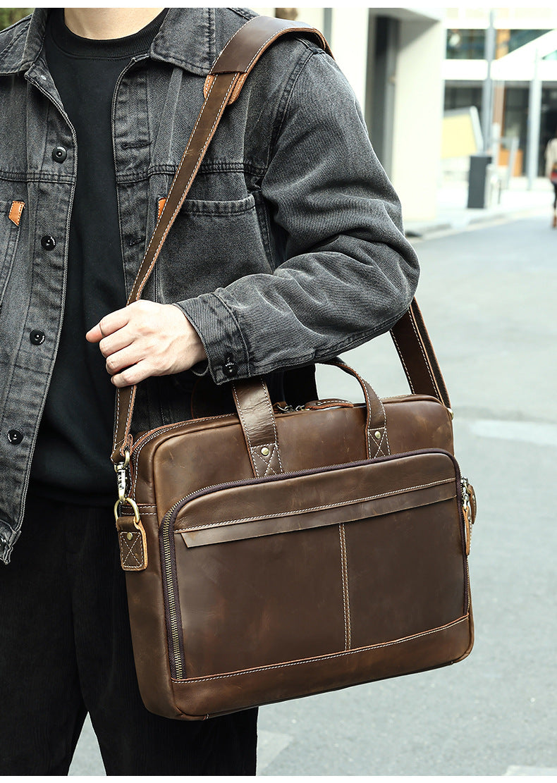 Genuine Leather Laptop Office Bag Briefcase with Trolley Sleeve