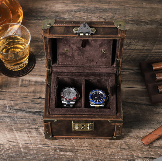 Brown Leather Watch Box for Men 2 Slot Display Case
