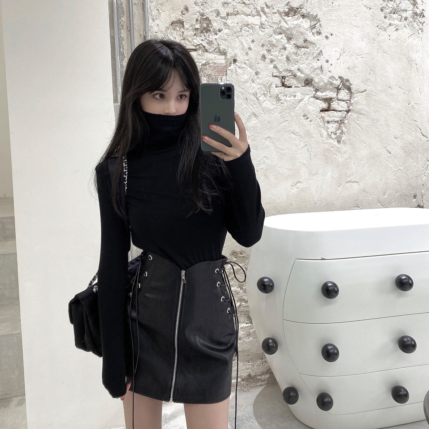 Leather Mini Skirt High Waist Front Lace-Up