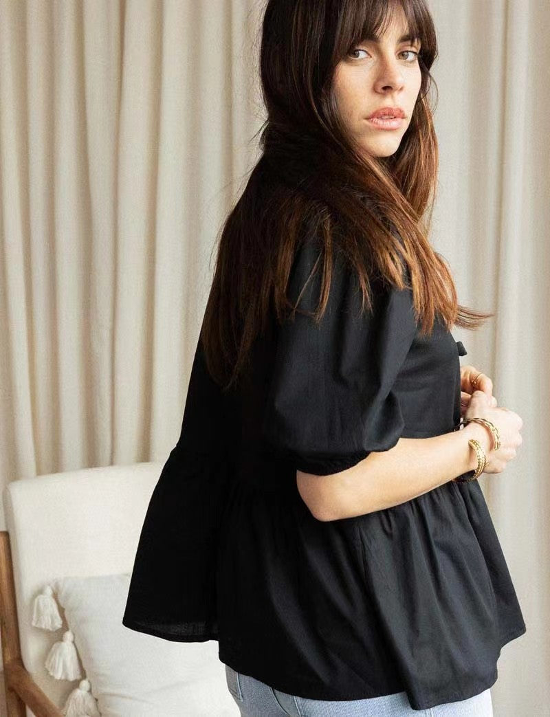 Women Puff Sleeve Bow Button Top Vintage Ruffle Hem Summer Blouse