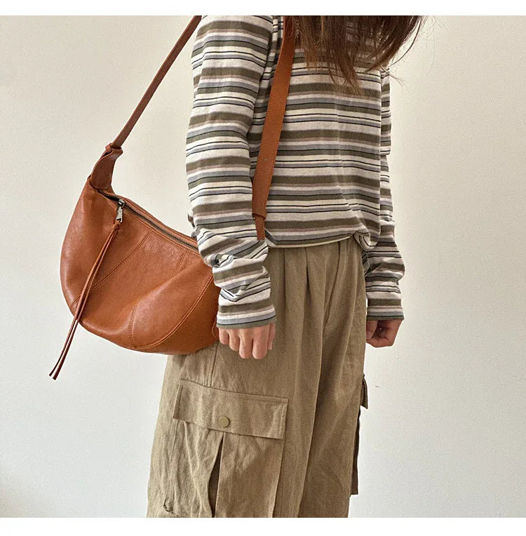 Brown Full Grain Leather Messenger Crossbody Bag for Women