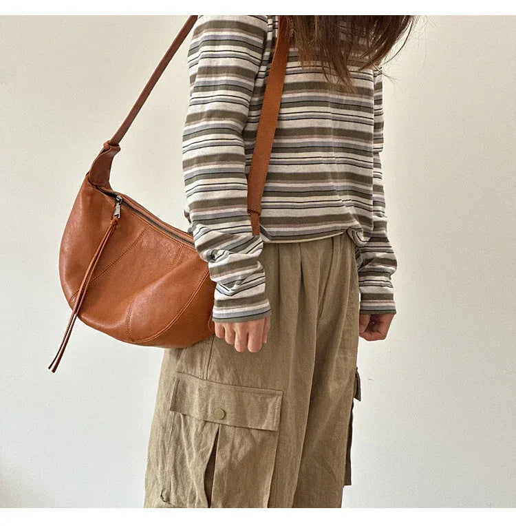 Brown Full Grain Leather Messenger Crossbody Bag for Women