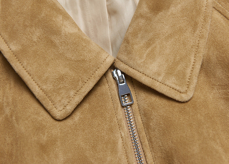 Tan Real Suede Leather Jacket for Women with Drawstring Hem