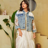 Mesh Spliced Oversized Denim Jacket with Lace Sleeves