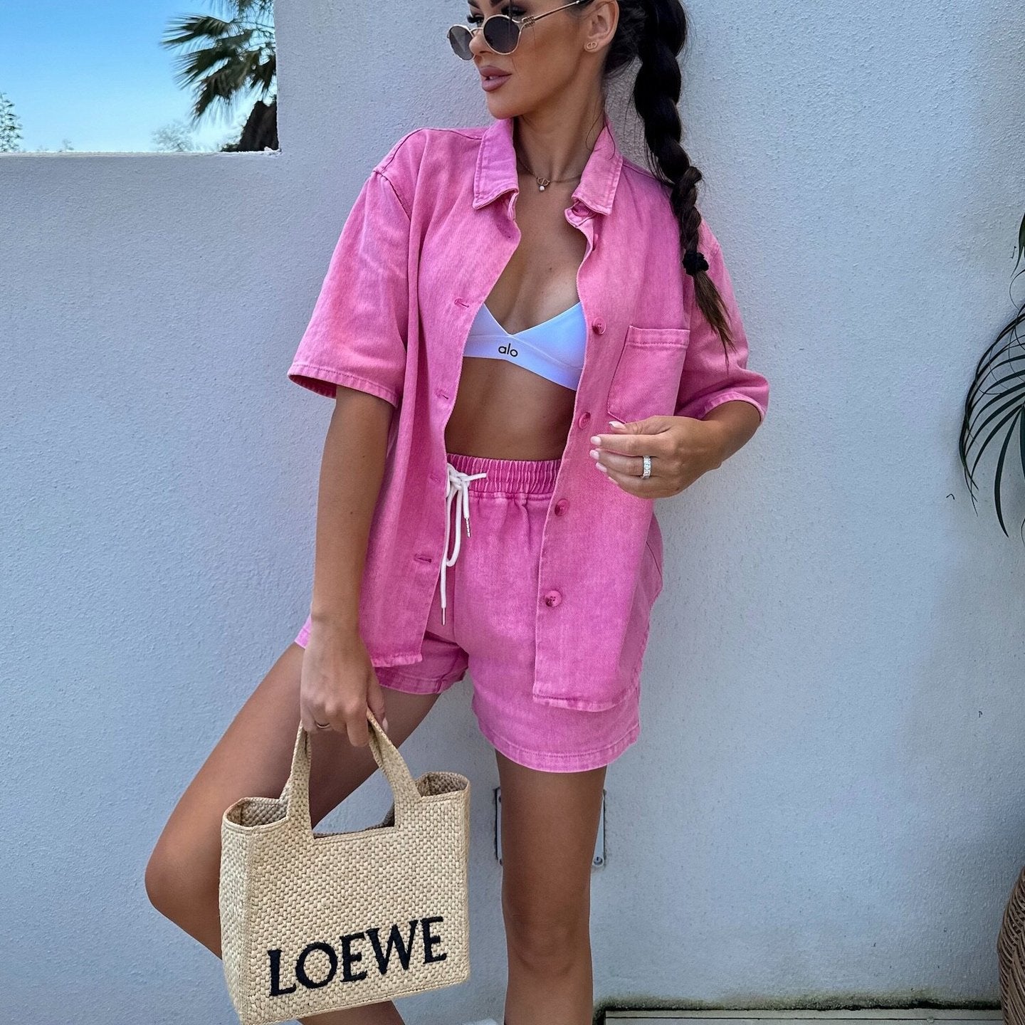 Pink Denim Two Piece Short Set for Women