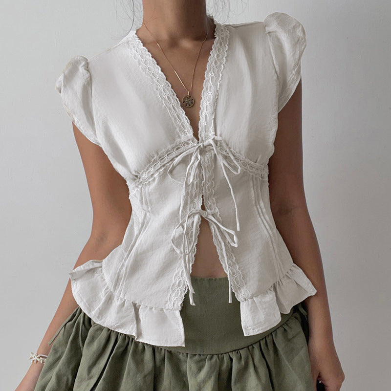 bow tie puff sleeve shirts for women