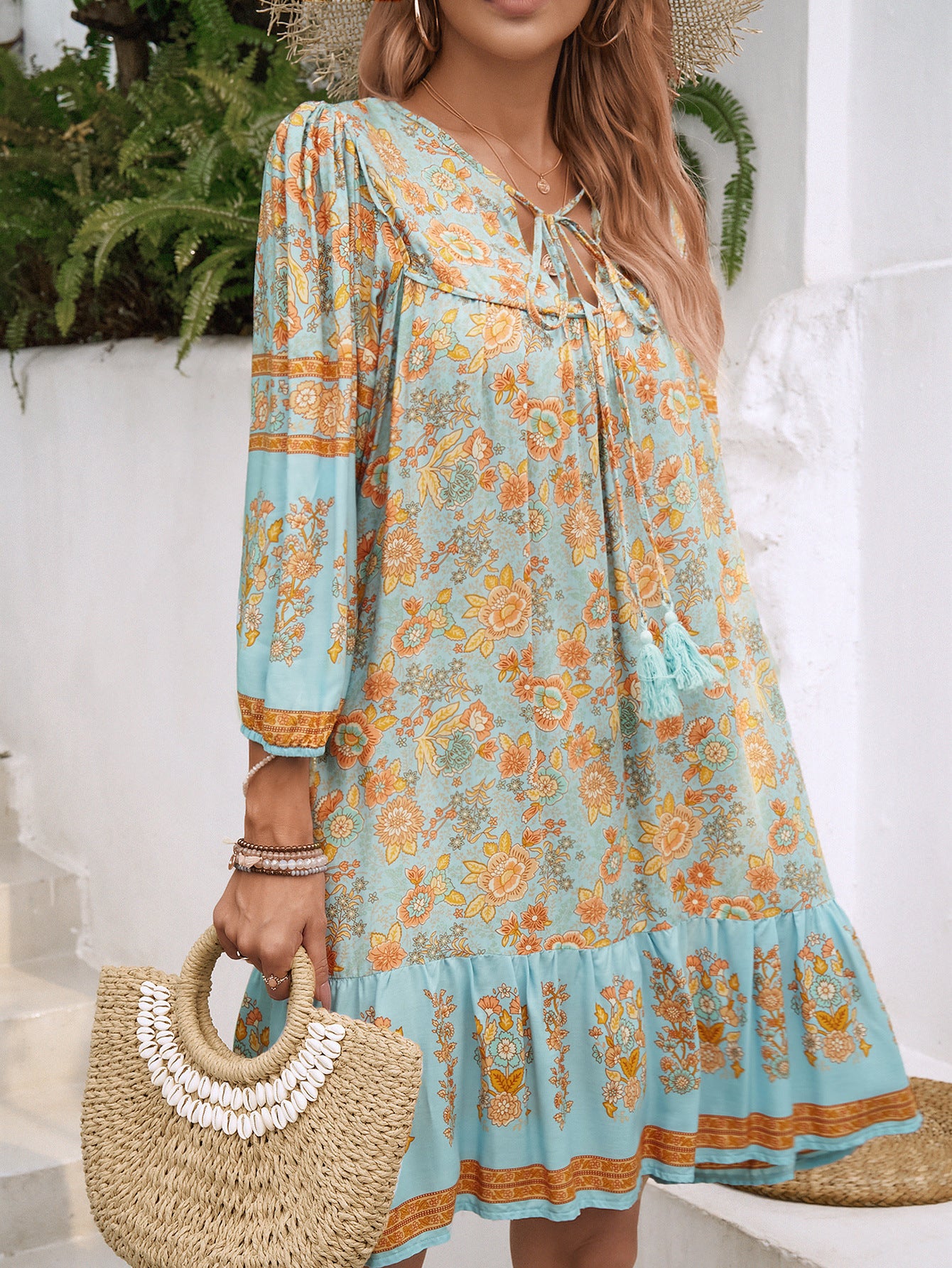 Short Flowy Dress with Tassel Neckline