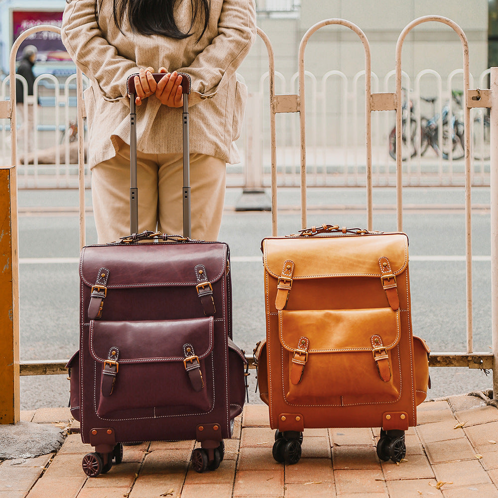 Leather Luggage Trolley Case Carry-On Suitcase with Wheels
