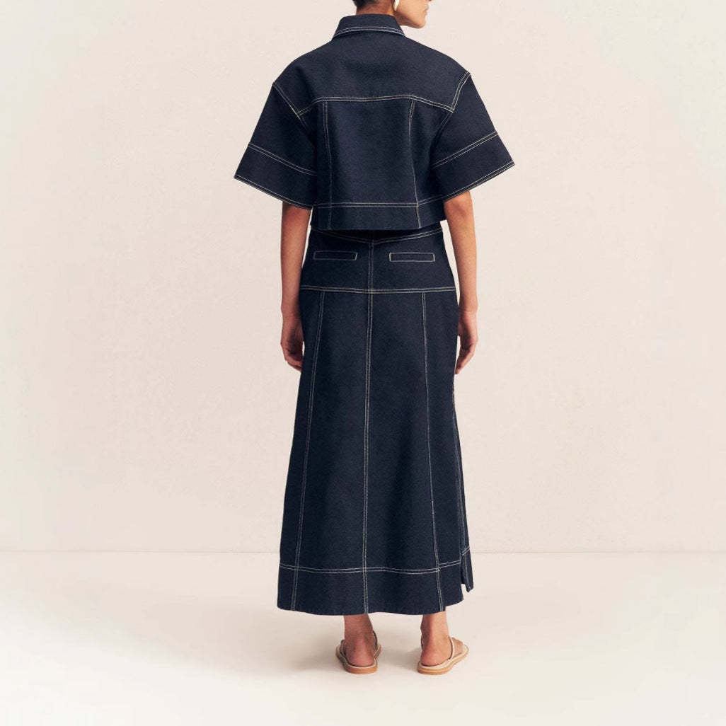 Women’s Denim Two Piece Set Skirt with Slit and Pocket Shirt