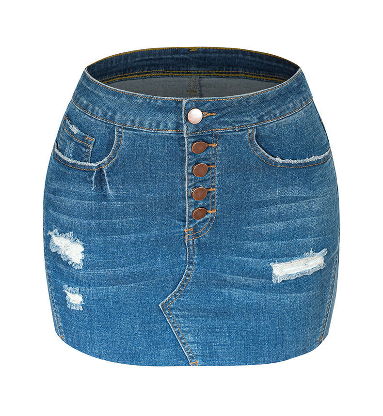 Ripped Washed Denim Mini Skirt with Multi-Button Front