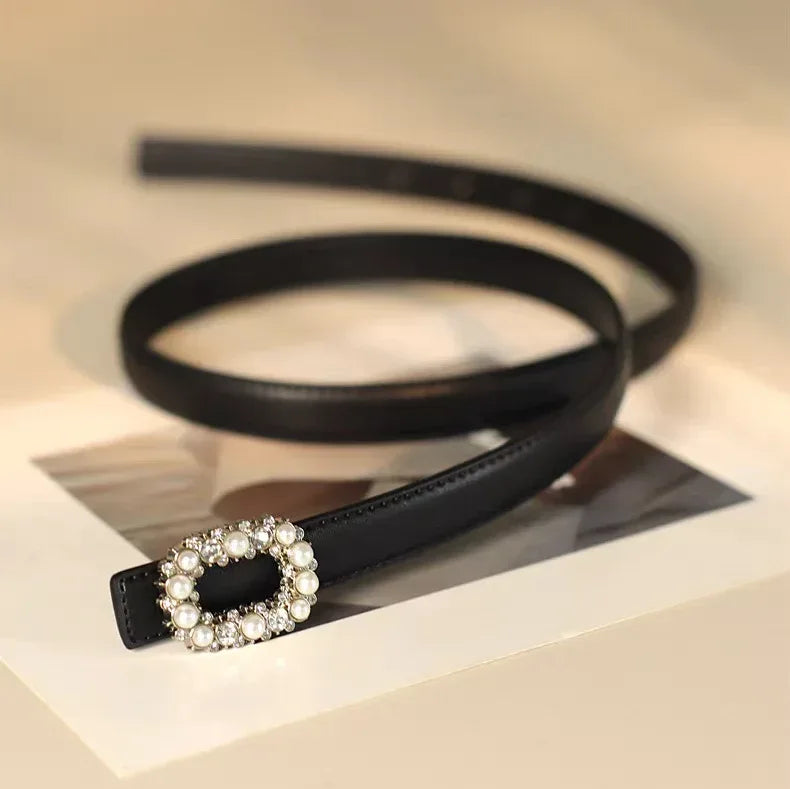Women Pearl Buckle Split Cowhide Thin Leather Belt
