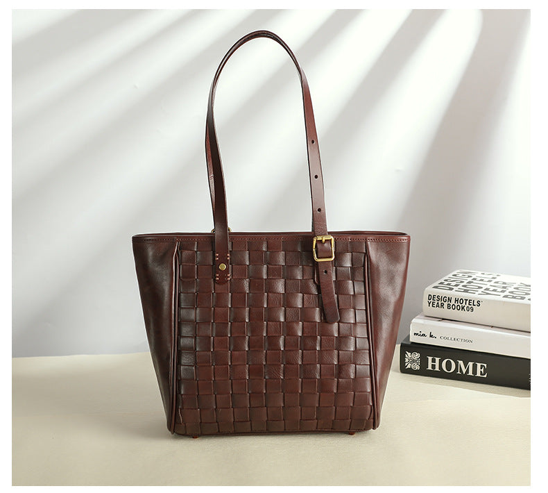 Woven Leather Tote Bag for Women Large Capacity