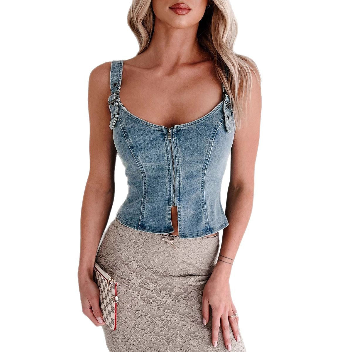 Women’s Zip Front Denim Vest with Buckle Strap Detail