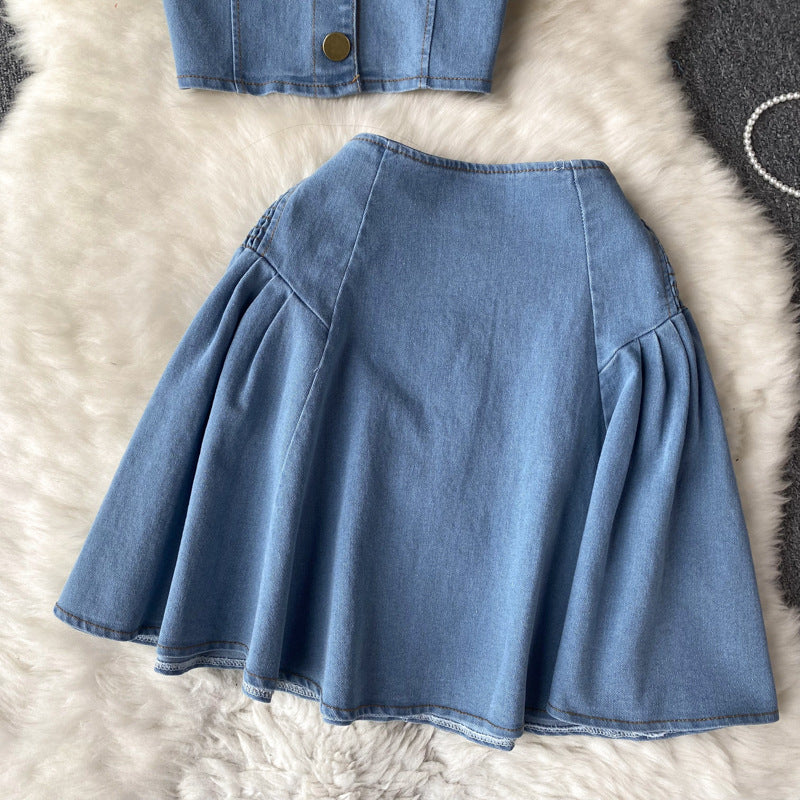High Waist Denim Two Piece Skirt Set with Bustier Top for Women