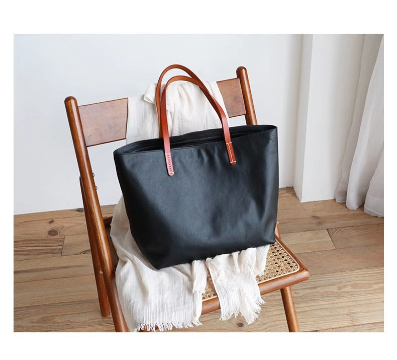 Women’s Genuine Leather Tote Bag With Contrast Handles