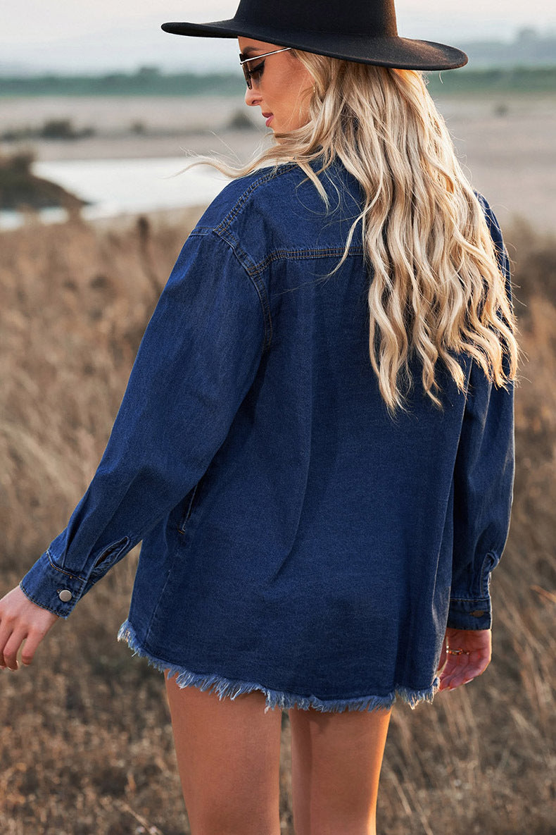 Oversized Lightweight Denim Shirt Jacket With Frayed Hem